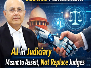 Justice Manmohan speaking on AI in Judiciary, showing collaboration between artificial intelligence and human judges in India’s justice system.