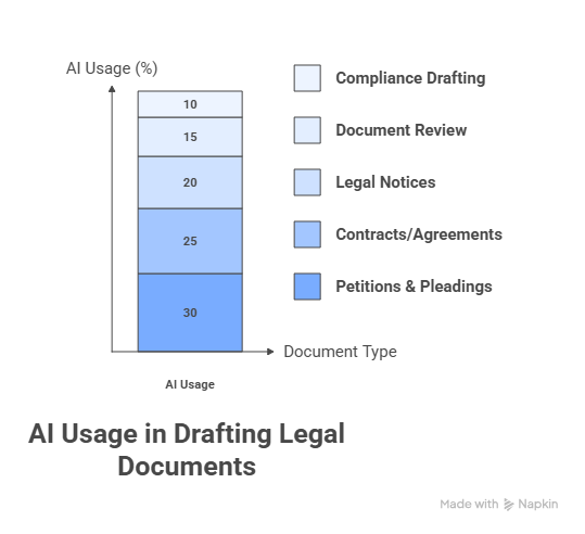 Bar chart showing AI usage in legal drafting by document type. Petitions have highest AI use at 30%. Varying blue shades represent categories.