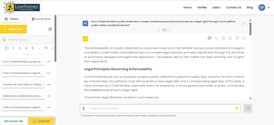 A sleek user interface screenshot of the Lawttorney.ai legal research platform. At the top, a clean search bar contains the typed query: “Can a Chief Minister's public statement or press conference promise be enforced as a legal right through a writ petition under Indian constitutional law?”. Below the search bar, the tool generates organized insight cards. The primary result card highlights the landmark Delhi High Court ruling in Government of NCT of Delhi v. Najma & Ors. (2026), accompanied by secondary legal tags for "Writ of Mandamus," "Promissory Estoppel," and "Legitimate Expectation." The overall design features a minimal, modern dashboard layout with professional dark blue and white accents, tailored for legal research.