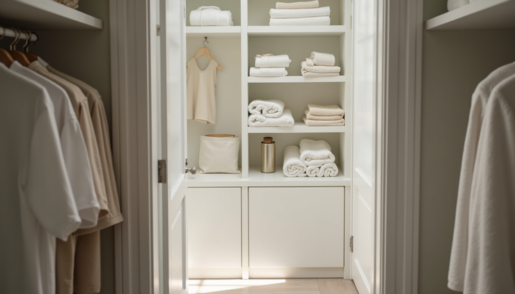 High angle view of a clean and tidy linen closet with folded towels