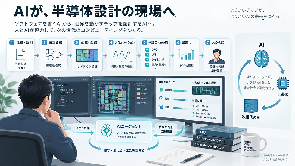 AIエージェントが半導体設計のEDAツールを操作し、論理合成・配置配線・シミュレーション・sign-off検証を人間と反復する流れの図