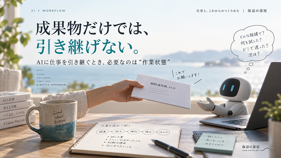 海辺のデスクで人からAIへ成果物を渡す場面。成果物だけでなく作業状態を引き継ぐAIワークフローを表したブログ画像