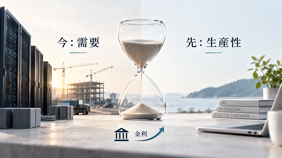 AI投資が短期には需要を押し上げ、将来は生産性へつながる時間差を、データセンター建設と砂時計、金利の矢印で表現したBlog画像