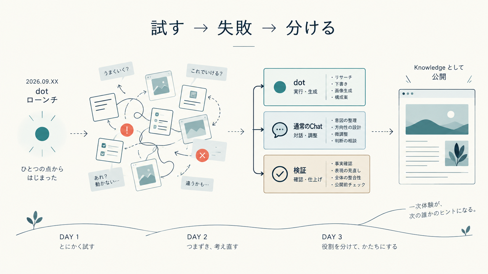 左にdotローンチの一点、中央に失敗と手戻りが絡む作業カード、右にdot・通常Chat・検証の3役へ分かれてKnowledge公開へ進む3日間の変化を示す図解。