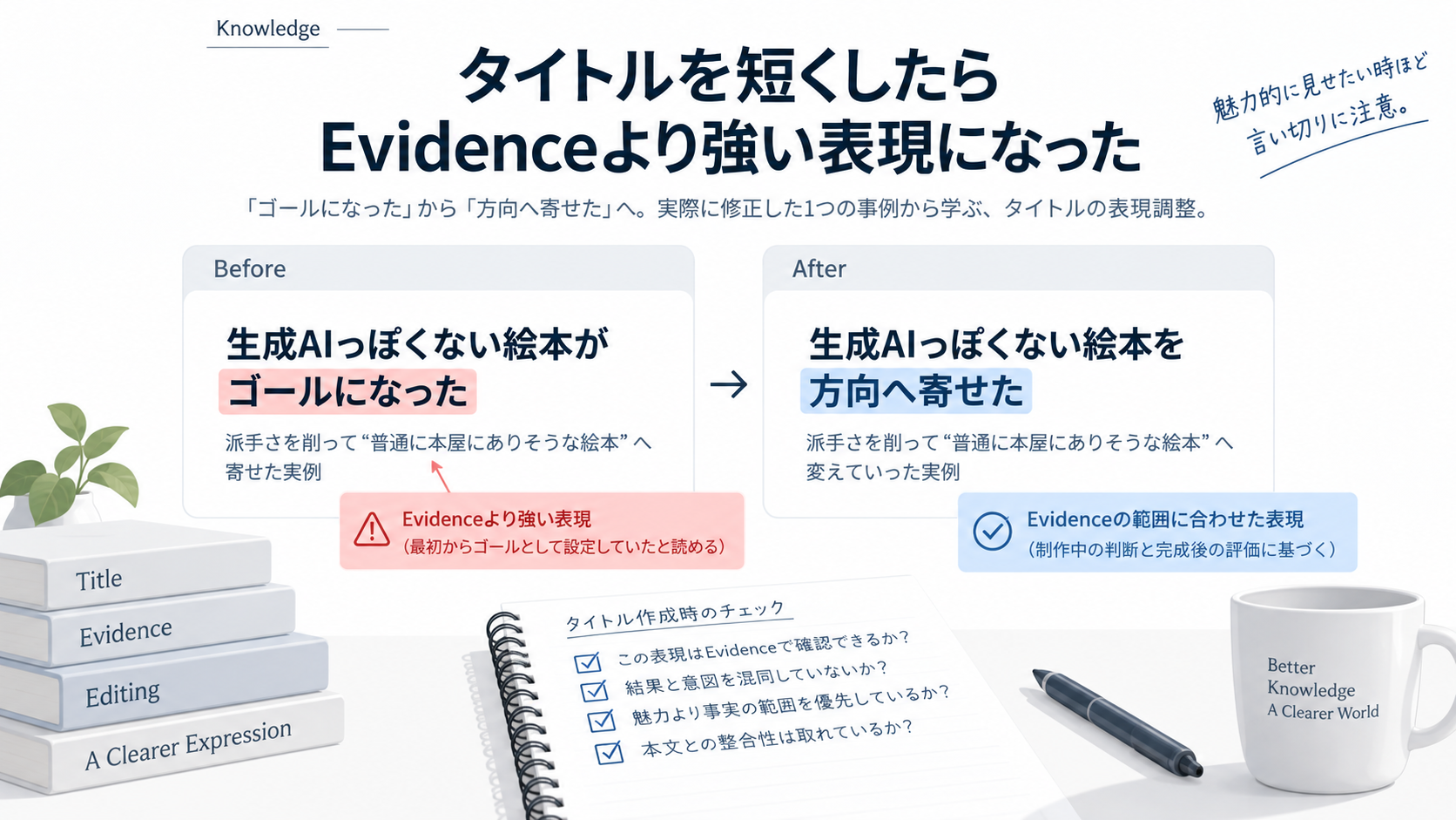 旧タイトル「生成AIっぽくないがゴールになった」を、Evidenceに合わせて「生成AIっぽくない方向へ寄せた」へ修正したBefore/Afterを示す16:9フラット図解