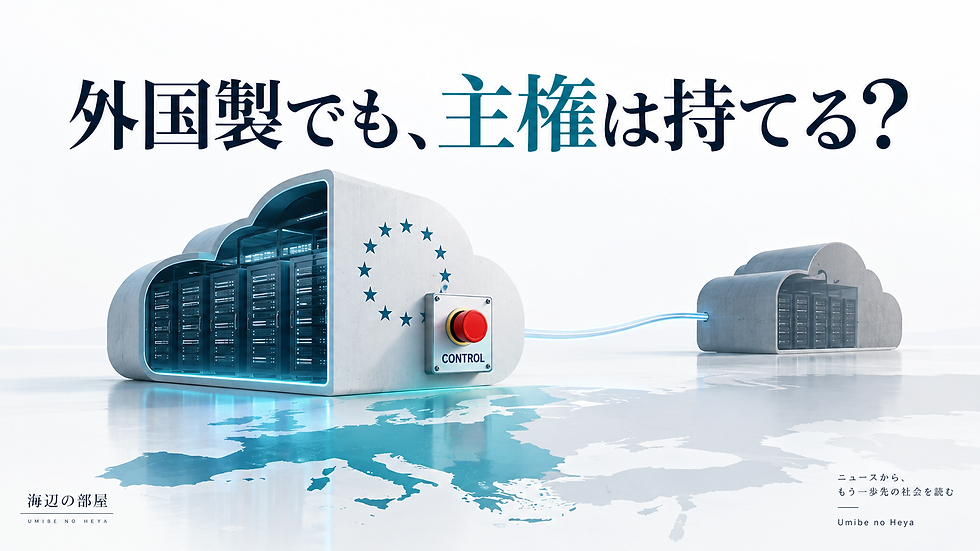 EUのデジタル主権を、外国技術を使いながらも運用・データ・停止権を自分側に残すクラウド構成として表現したイメージ