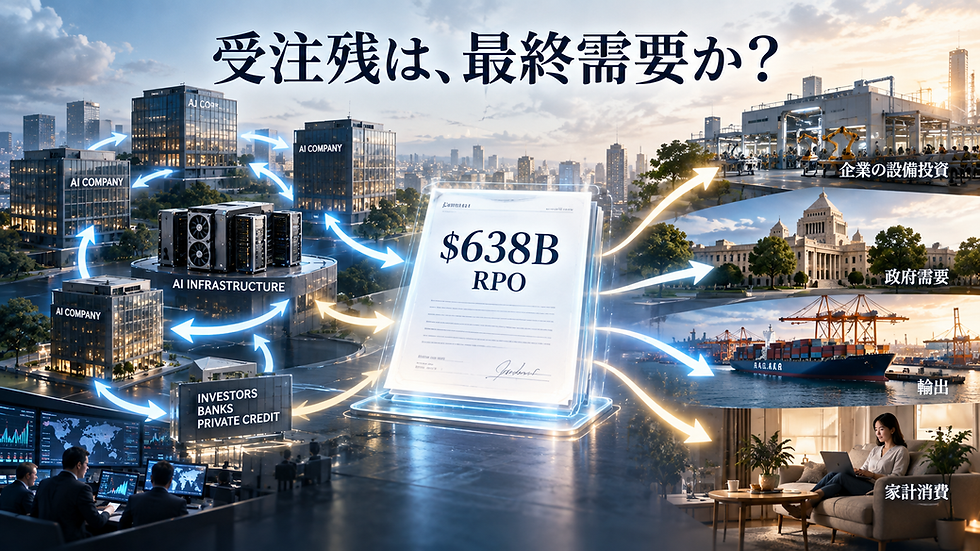 中央の6380億ドルRPO契約書を挟み、左側でAI企業・インフラ・投資家の資金が循環し、右側で企業の設備投資・政府需要・輸出・家計消費へつながる構図で、受注残と最終需要の違いを表現したBlog画像