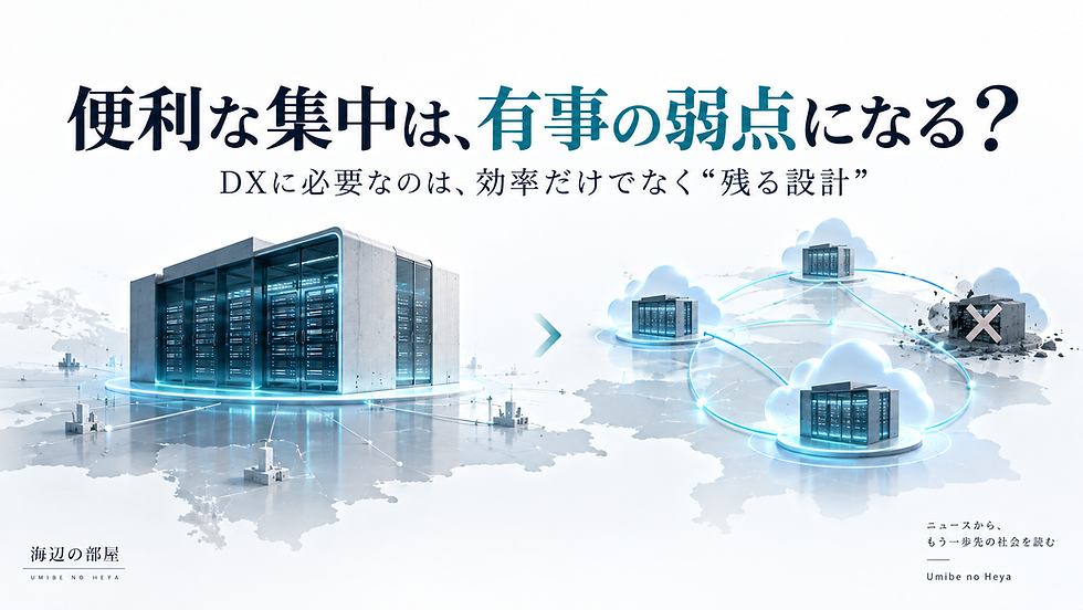 平時の効率を重視した集中型データセンターと、有事に一部が失われても残る分散型クラウド構成を比較した図