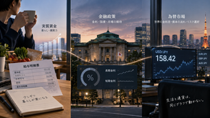 家計の実質賃金、中央銀行の金融政策、為替市場のUSD/JPYを3つの場面に分け、暮らしと通貨が別の要因で動くことを表現したBlog画像