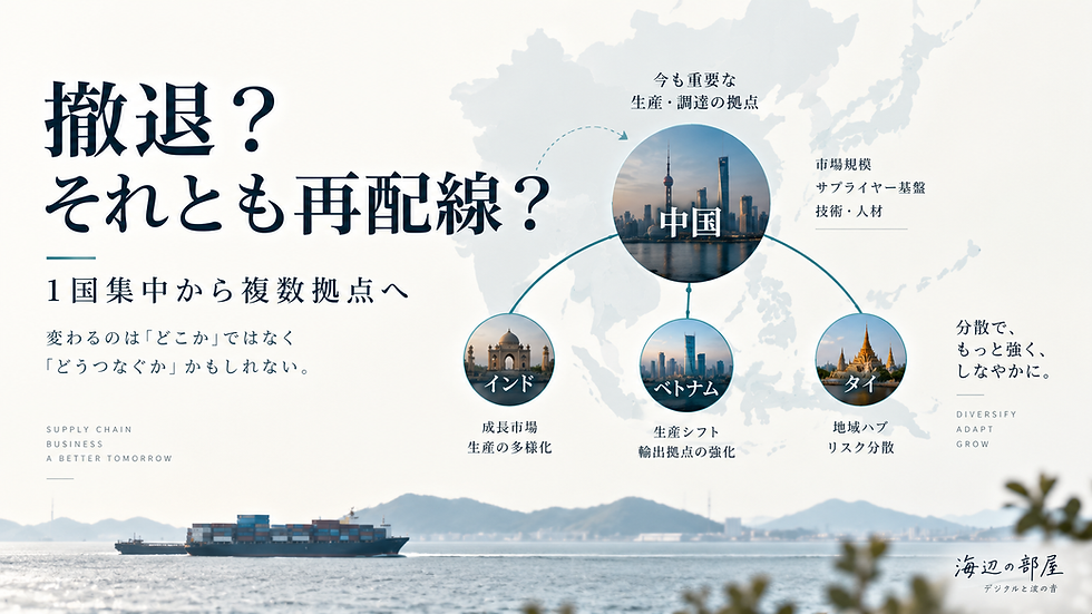 中国を中心にインド・ベトナム・タイへ接続が広がる図で、日本企業の中国撤退ではなく供給網の再配線を表現したBlog画像