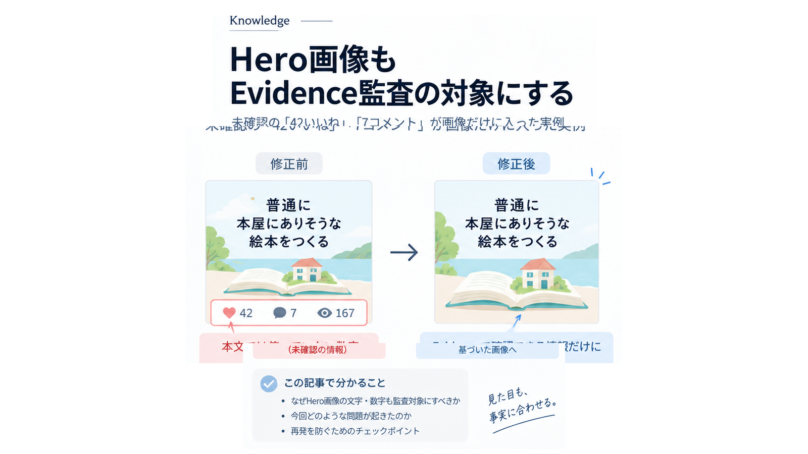 未確認だった42いいね・7コメントを含む修正前Heroと、確認できる情報だけに基づく修正後Heroを並べ、画像内の数字や文字もEvidence監査する考え方を示した16:9フラット図解