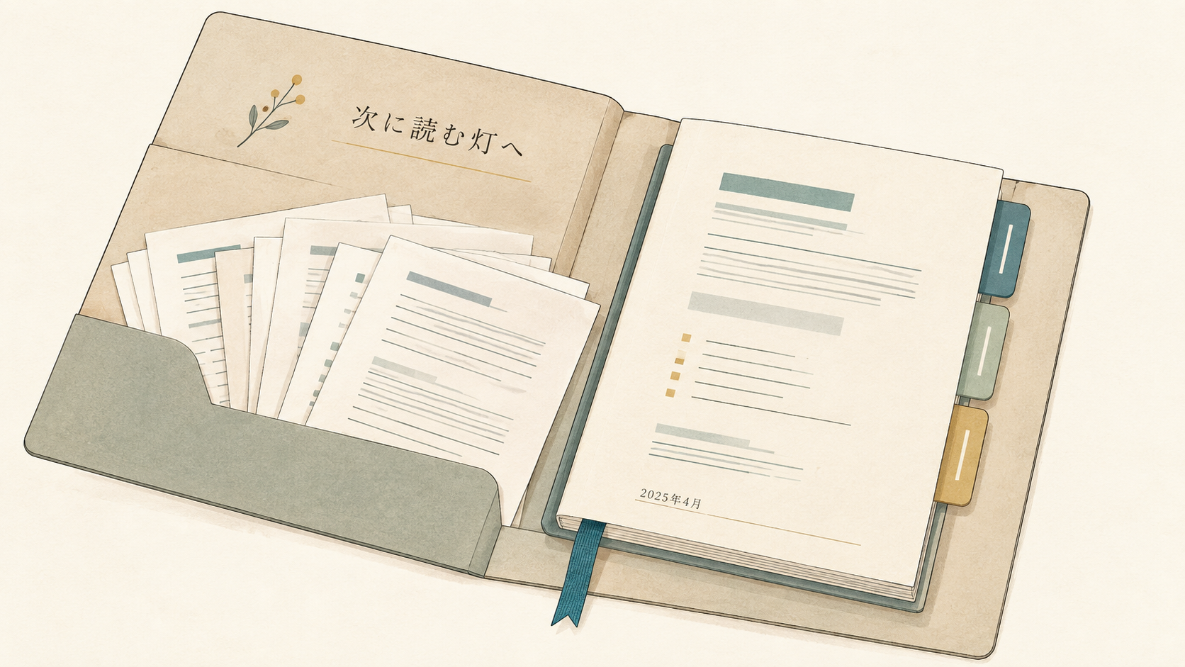 開いた保存用フォルダーの左に原稿の束、右に三つの見出しタブが付いた冊子を置いた図。「次に読む灯へ」「2025年4月」と記されている。