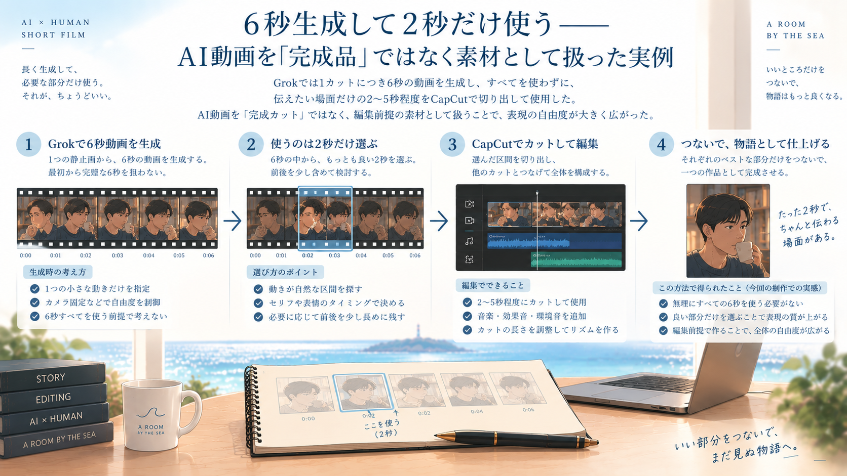 Grokで6秒生成した映像から使いたい2秒前後だけを選び、CapCutのタイムラインへ切り出してつなぐ、生成尺と編集尺を分けた制作方法を示す16:9編集ビジュアル