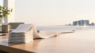 積み重なった請求書が一本の銅色のケーブルへつながり、遠くのデータセンターへ続く情景。AI投資の費用が社会へ広がるという社説を表す
