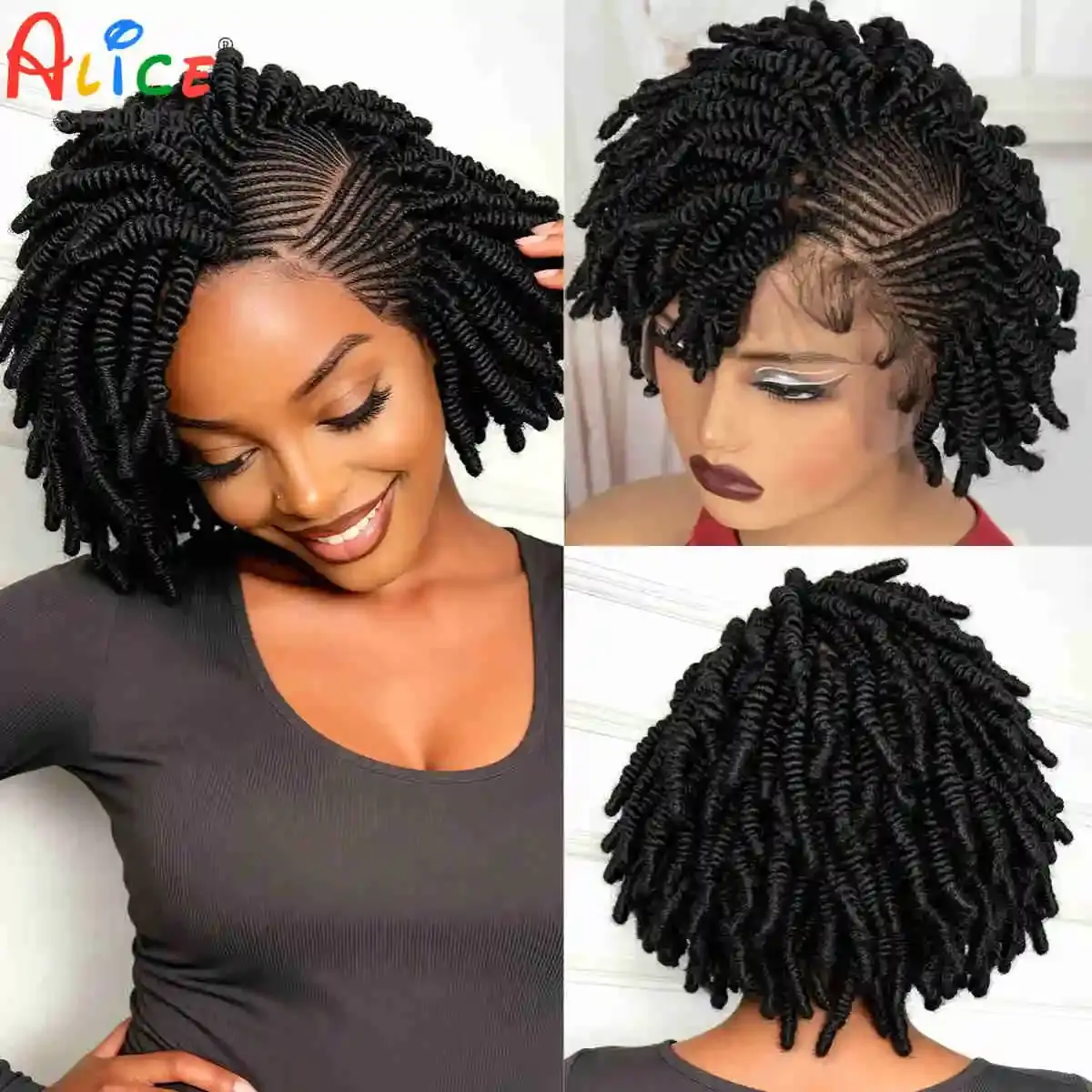 Short Bantu Braided Wigs Synthetic Full Lace Handmade Cornrow Braided Wigs 350#