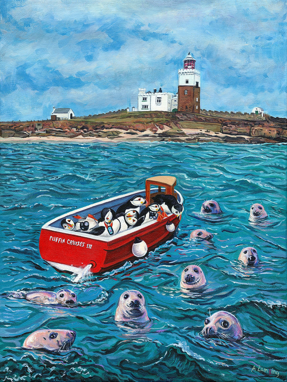 Thumbnail: Puffins on a cruise to visit the seals at coquet island. Painting.