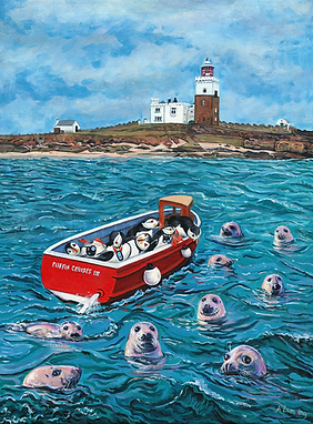 Puffins in The Amble puffin cruise boat going to see the seals on Coquet Island, Northumberland