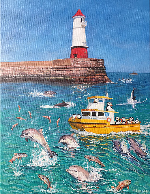 The Berwick light house and boat surrounded by dolphins.