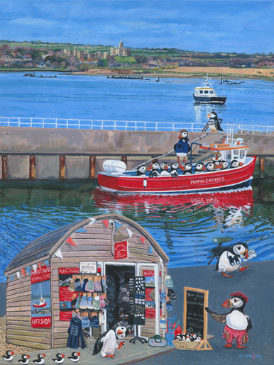 A bright red puffin cruise boat full of puffins going on a trip. A pod selling boat tickets and hats.