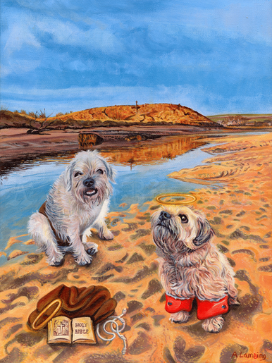 Two old border terriers dressed as monks getting ready for a swim. Church hill at Alnmouth is the stunning back drop.