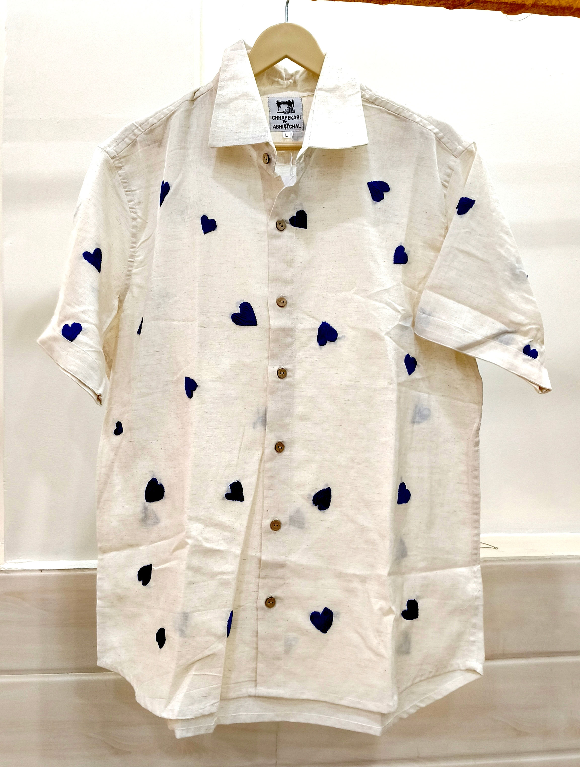 Heart-Printed White Embroidered Shirt