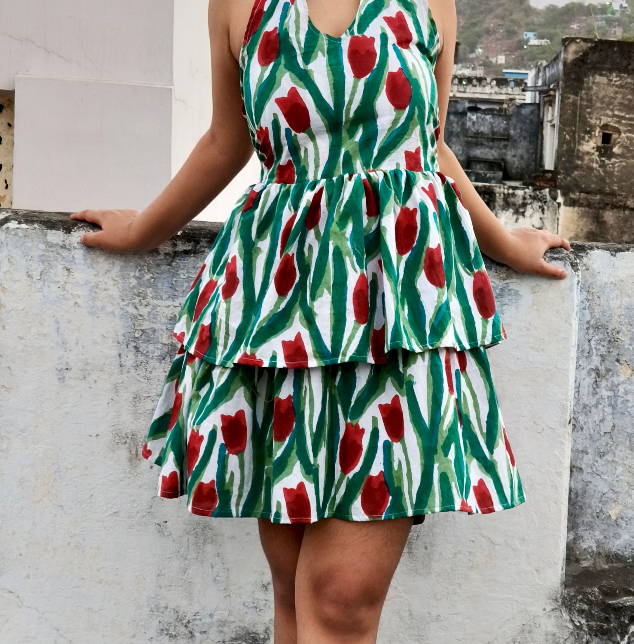 Green and Red Frock with Halter Neck