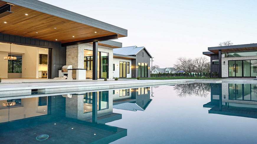 Image of pool, patio, and pool house. Click image to view more photos and details of Darms Lane build.