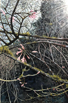 Gloria jpeg, landscape, bushes, flowers springtime, light, pink, greens, bark, moss, underbrush, encaustic painting, artwork