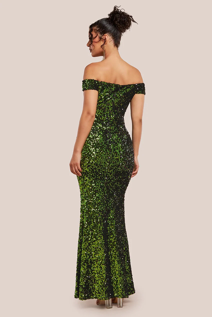 Thumbnail: Goddiva Sequin Velvet Bardot Evening Dress