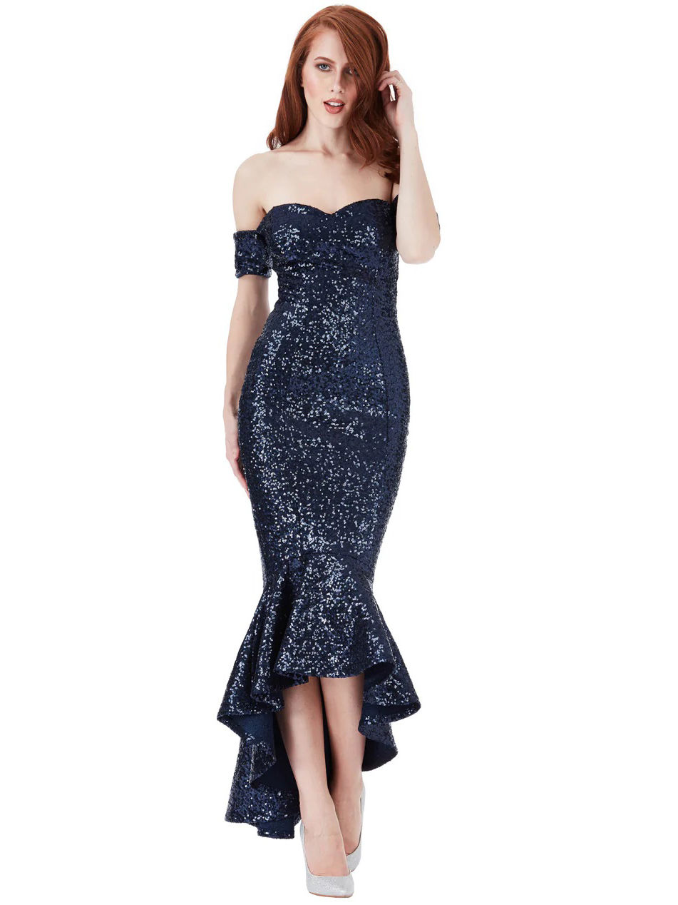 Goddiva Sequin Bardot Peplum High Low Maxi Sz 12 ONE ONLY