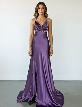 Adrianne Halter Tie Satin Gown in Purple