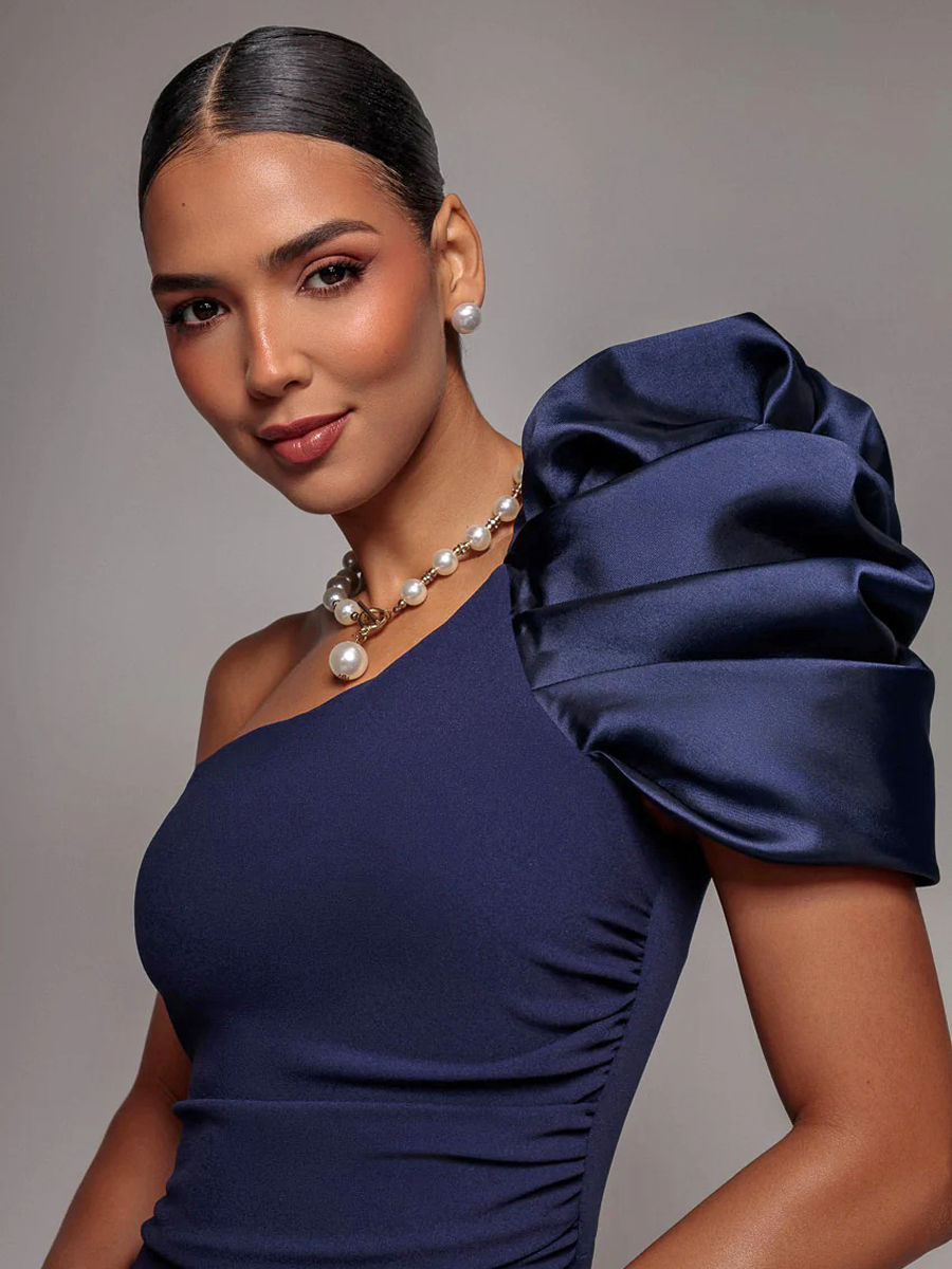 Thumbnail: Goddiva One Shoulder Puff Satin Sleeve Dress