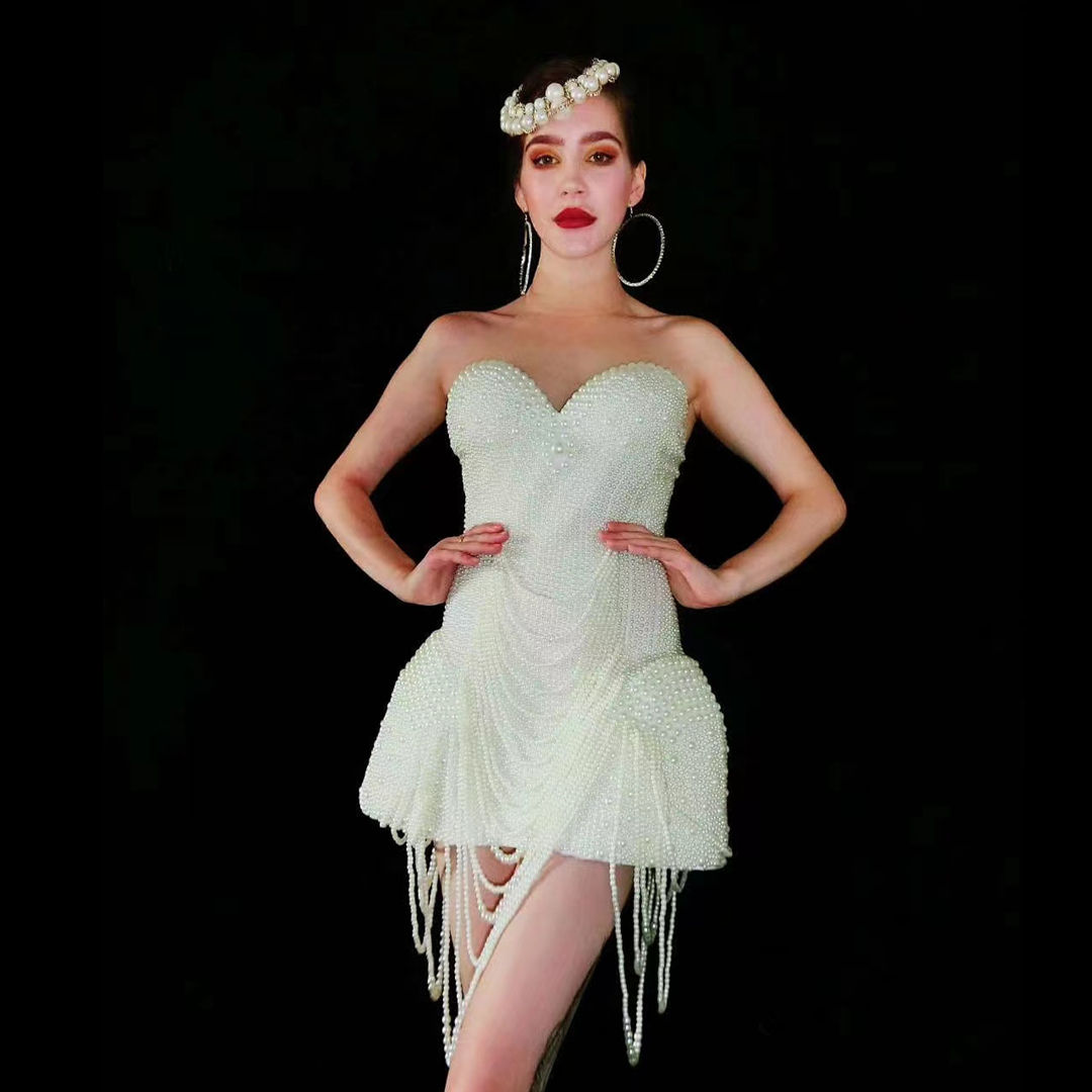 Vestidos Mujer Elegante Pérolas Tassel Aniversário Vestido De Noiva para Mulhere
