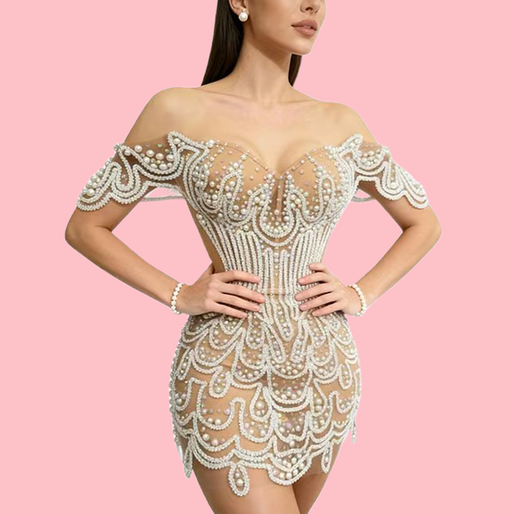 Elegante Fora Do Ombro Lace Pérolas 2 Peça Set Espartilho Mini Saias Mulheres An
