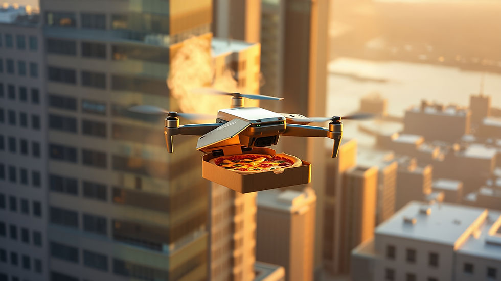 Embracing disruption with a drone delivering hot pizza over a city skyline at sunset, warm golden light reflecting off tall buildings in the background.