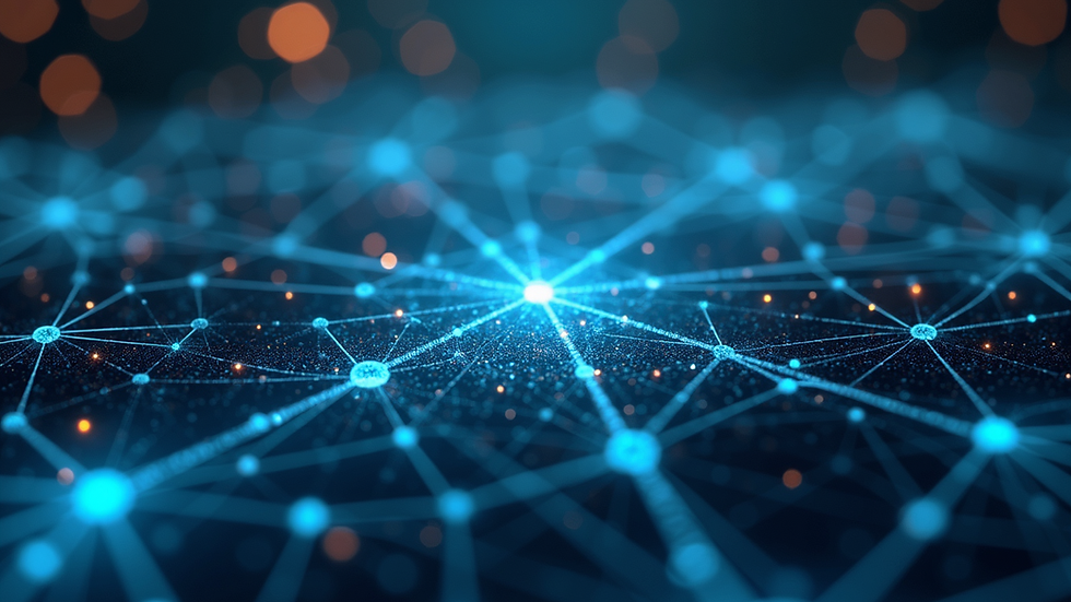 Close-up view of a digital landscape with abstract representations of interconnected networks