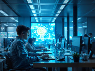 Professionals collaborating in a generative AI workplace, working at computers in a modern blue-lit office, analyzing technical data on multiple screens, with digital projections on the wall creating a focused, high-tech atmosphere.
