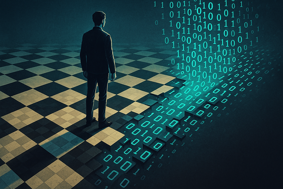 A person in a suit stands on a black-and-white chessboard that dissolves into a stream of glowing teal binary code. The transformation symbolizes the tension between strategic decision-making and rapid digital disruption, set in a dark, moody, and futuristic environment.