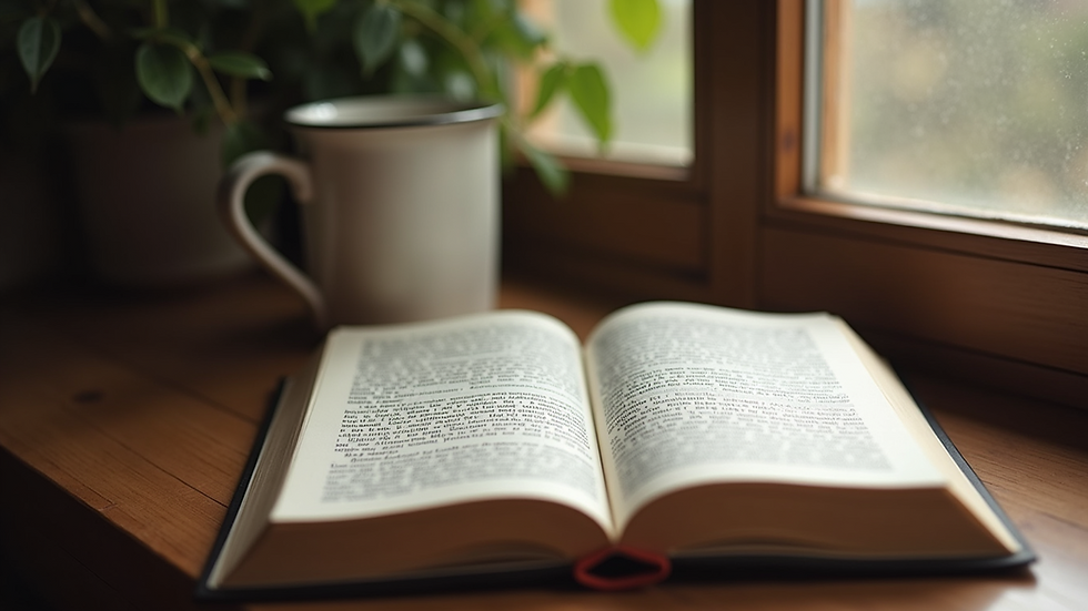 Wide angle view of a reading nook with an open book and a mug