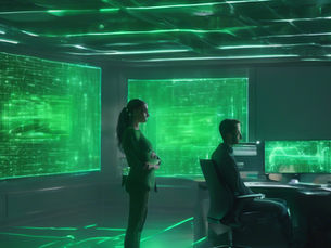 A cinematic office scene where a holographic “digital twin” works alongside its human counterpart, glowing green (#00e200) data streams flowing between them, editorial quality, depth layering, off-center composition