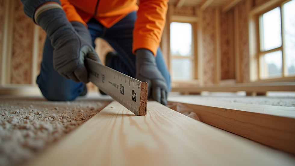 Eye-level view of a carpenter measuring wood for a new build project