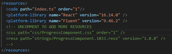 Ausschnitt aus einer ControlManifest.Input.xml-Datei mit Ressourcen-Definitionen für eine Power Apps-Komponente. Es werden die React-Bibliothek (Version 16.14.0) und die Fluent UI-Bibliothek (Version 9.46.2) eingebunden, zusammen mit einer CSS-Datei und einer Ressourcendatei (.resx). Dies zeigt die grundlegende Struktur zur Integration von Abhängigkeiten und Ressourcen in einer PCF-Komponente