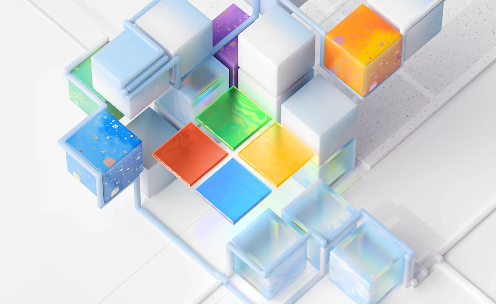 Abstrakte Darstellung eines modularen Designs: Bunte, halbtransparente Würfel in Blau-, Grün-, Gelb-, Orange- und Rottönen, die sich in einer isometrischen Anordnung zu einer komplexen Struktur zusammensetzen. Die hellen Farben und schimmernden Oberflächen erzeugen einen futuristischen, technologischen Eindruck.