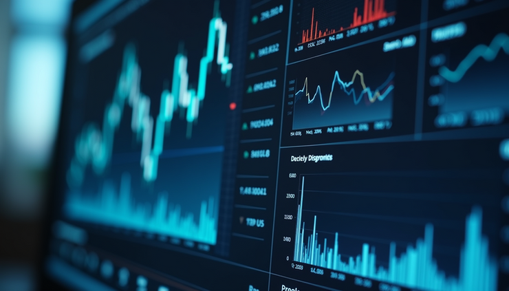 Eye-level view of a sleek digital dashboard displaying financial data and AI analytics