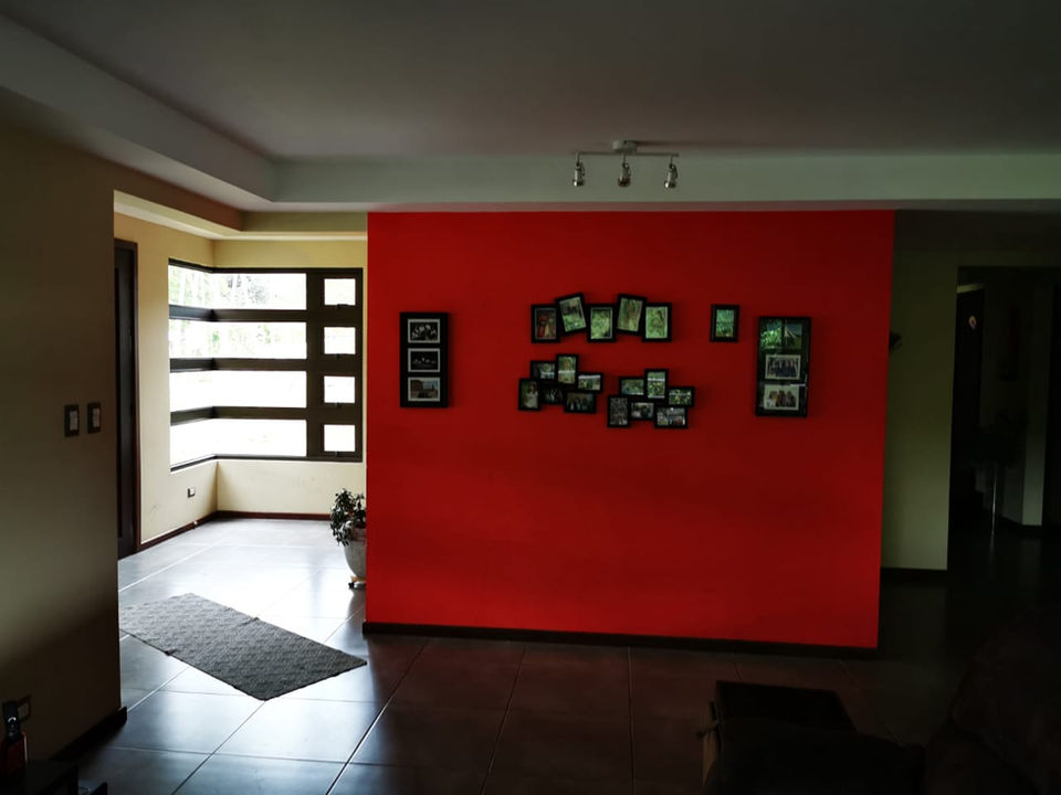 Living room with bold red wall, poor proportions and no cohesive style — before the interior redesign.