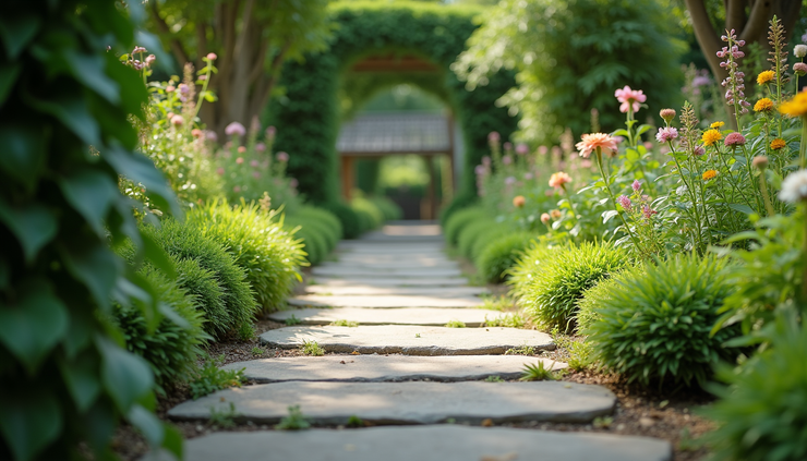 Eye-level view of a stone walkway winding through a lush garden