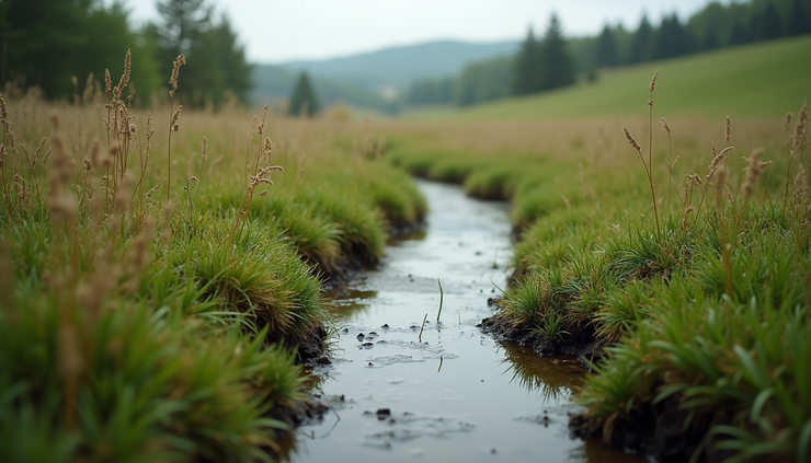 Eye-level view of a gently sloping swale lined with grass and small plants