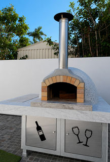 Fire Brick Co D95 wood-fired pizza oven with mosaic tile finish, tiled bench top and steel doors, with stand framing, rendering and oven build completed by Brisbane Pizza Ovens.