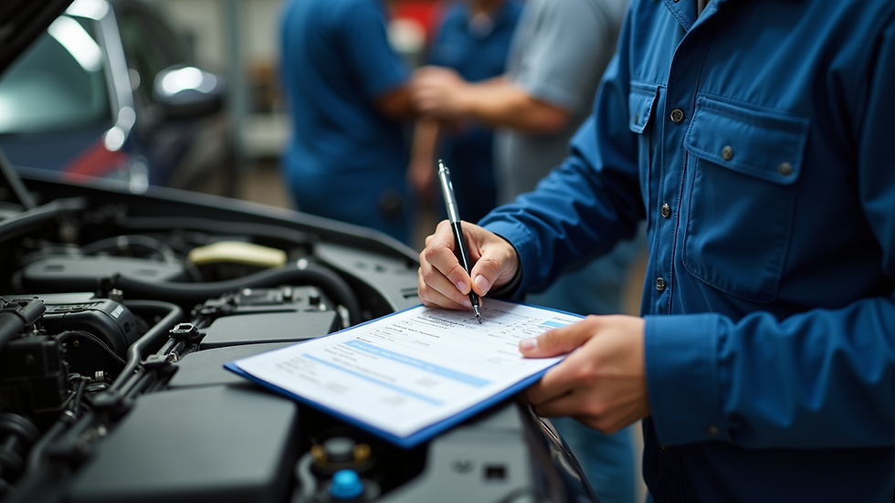High angle view of a mechanic writing an invoice for vehicle repairs