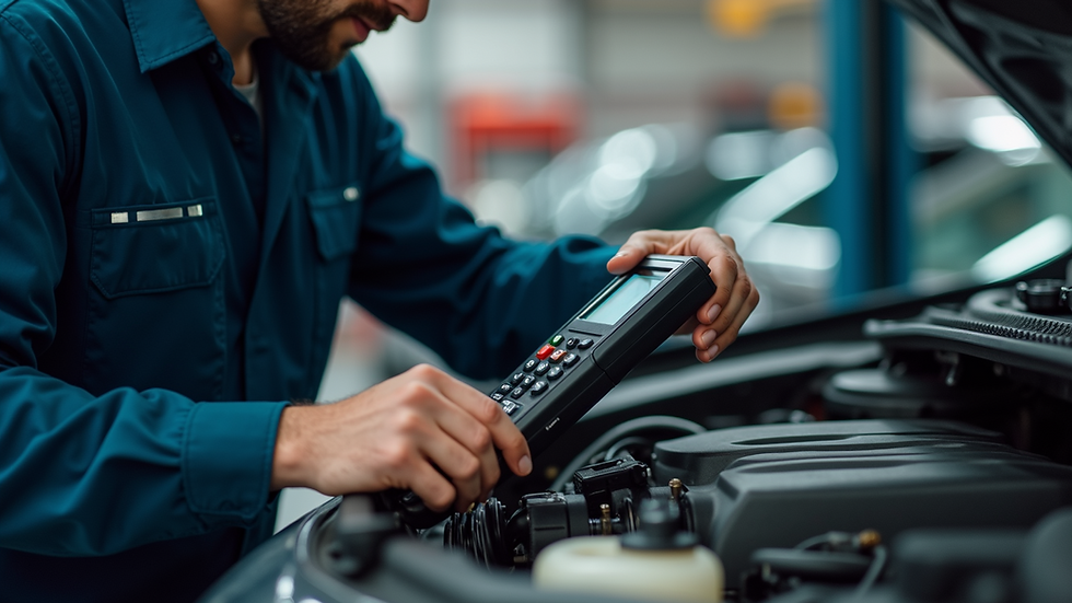 Eye-level view of a mechanic using diagnostic equipment on a car